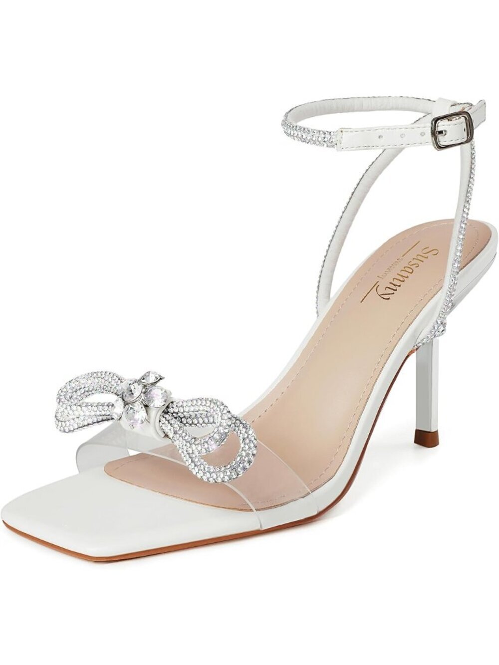 Women's White Closed Toe Rhinestone Low Slingback Shoes Kitten Heels